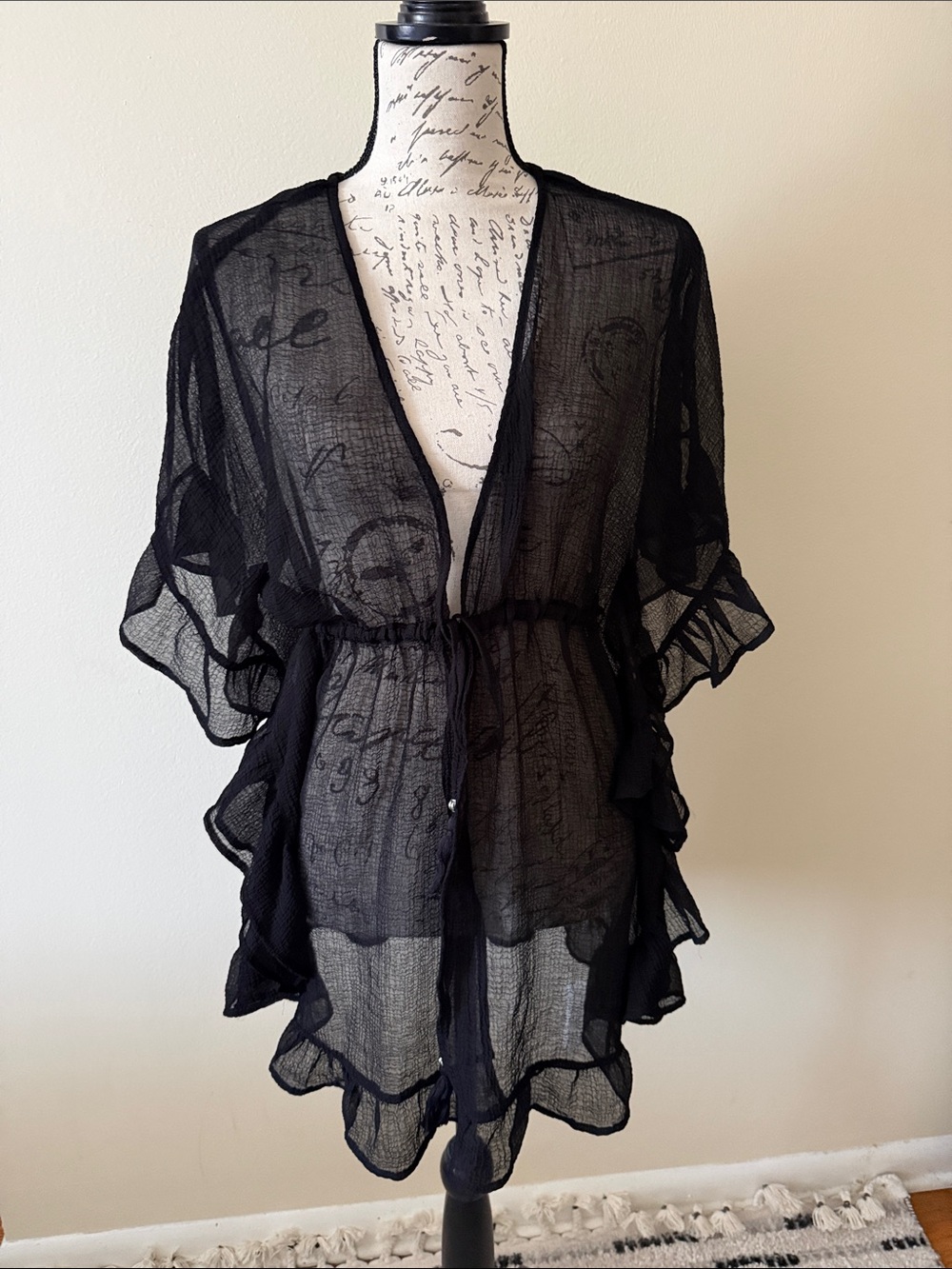 Sheer Black Ruffled Tie-Waist Cover-Up Dress
